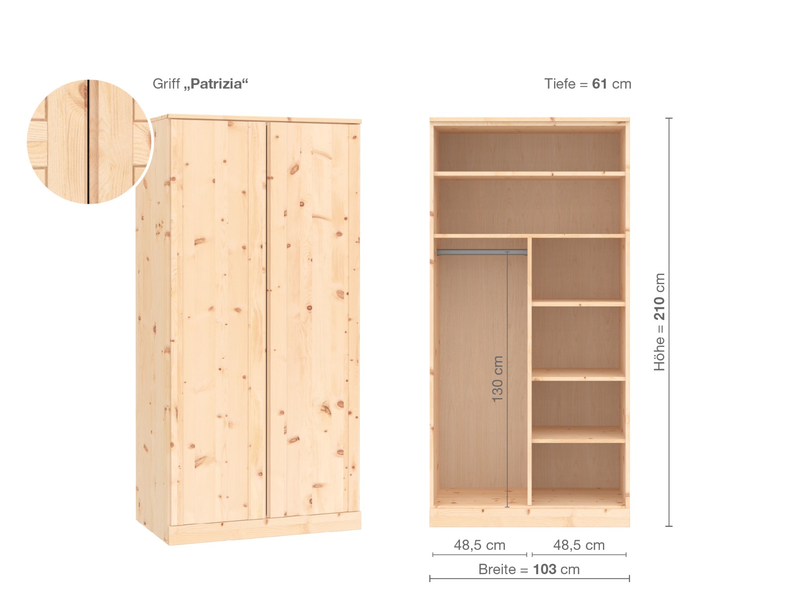 Zirbenschrank „Arnika“, 2-türig, Höhe 210 cm, Griffausführung „Patrizia“, Inneneinrichtung B