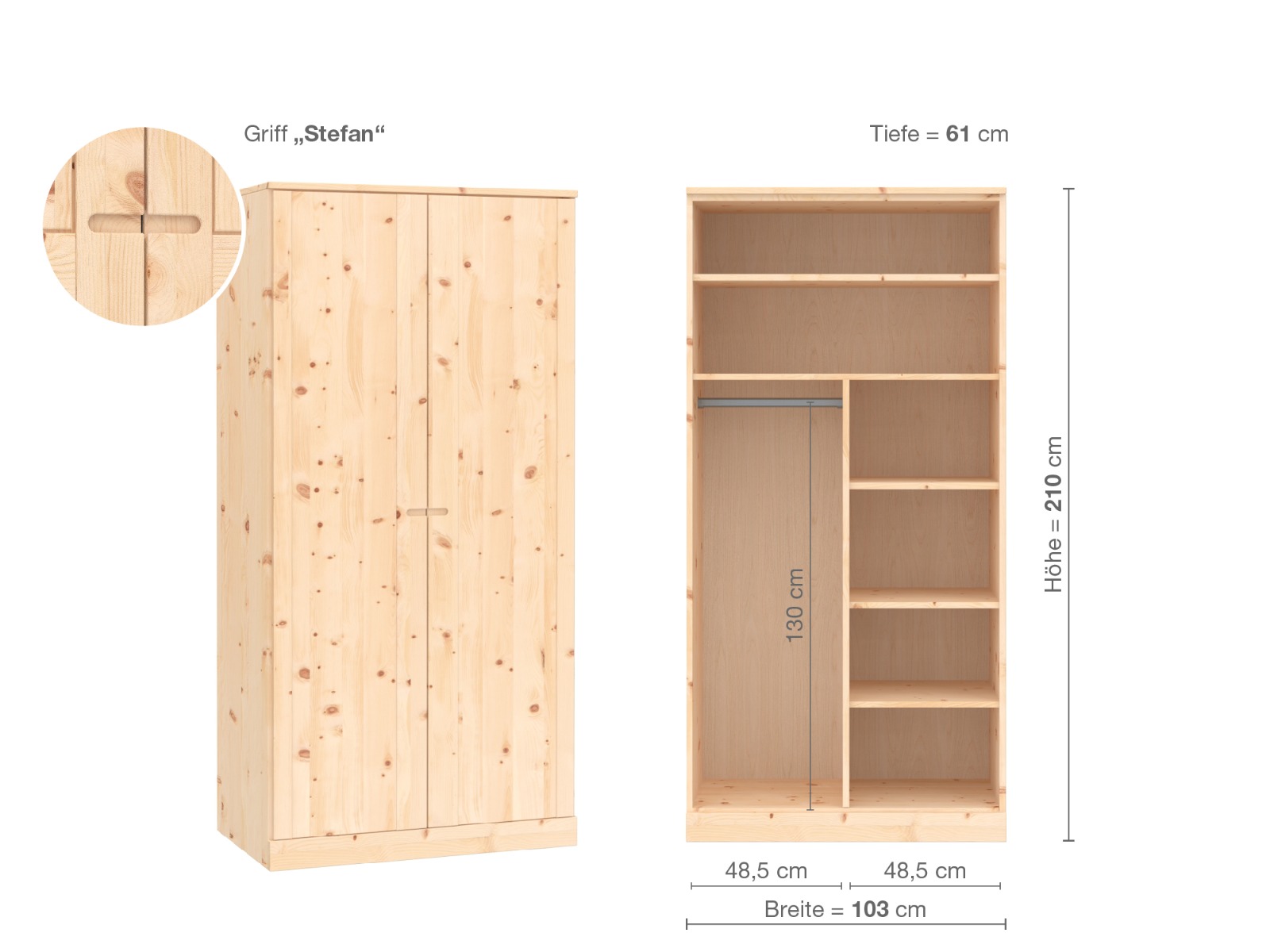 Zirbenschrank „Arnika“, 2-türig, Höhe 210 cm, Griffausführung „Stefan“, Inneneinrichtung B