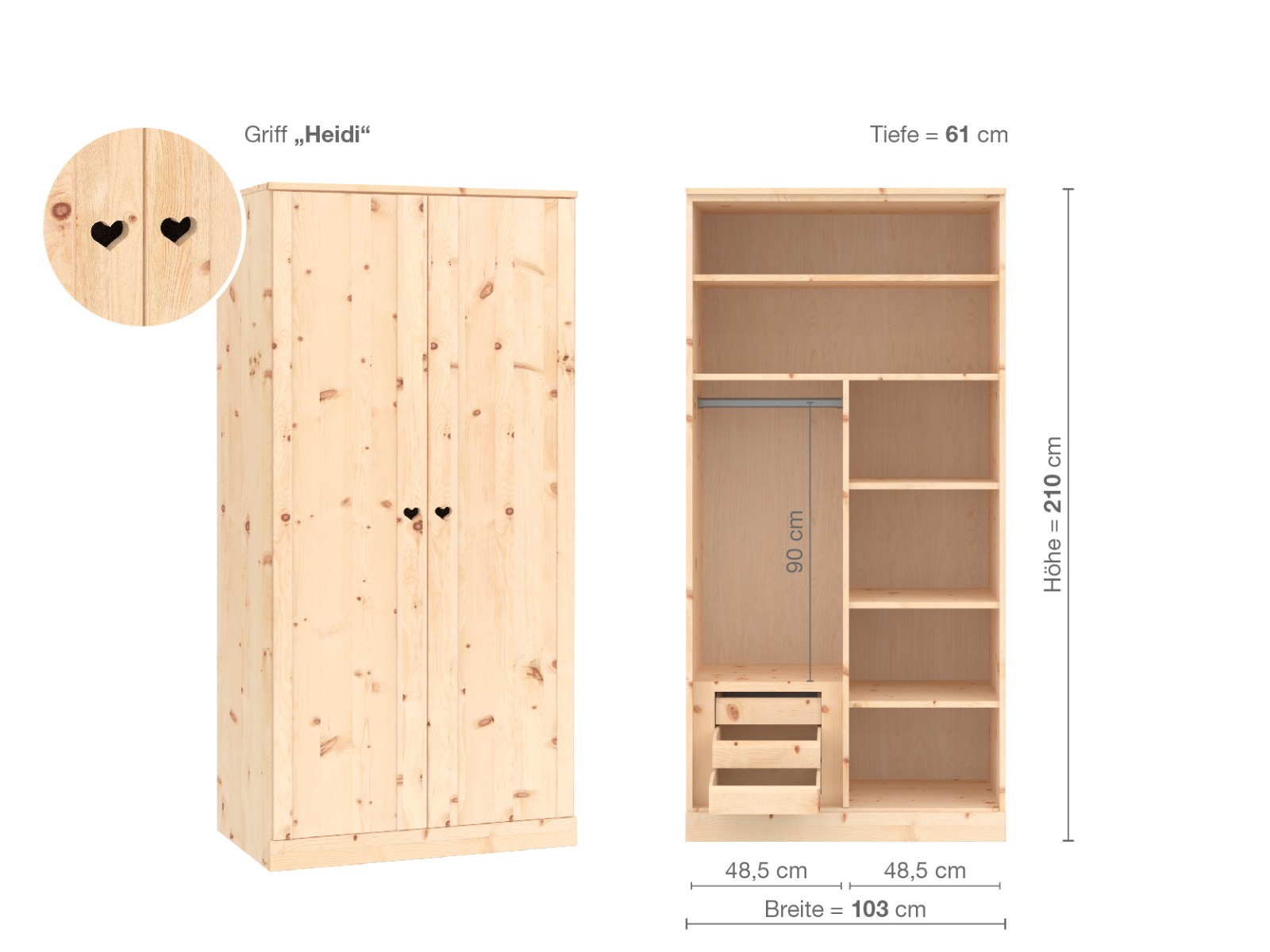 Zirbenschrank „Arnika“, 2-türig, Höhe 210 cm, Griffausführung „Heidi“, Inneneinrichtung C