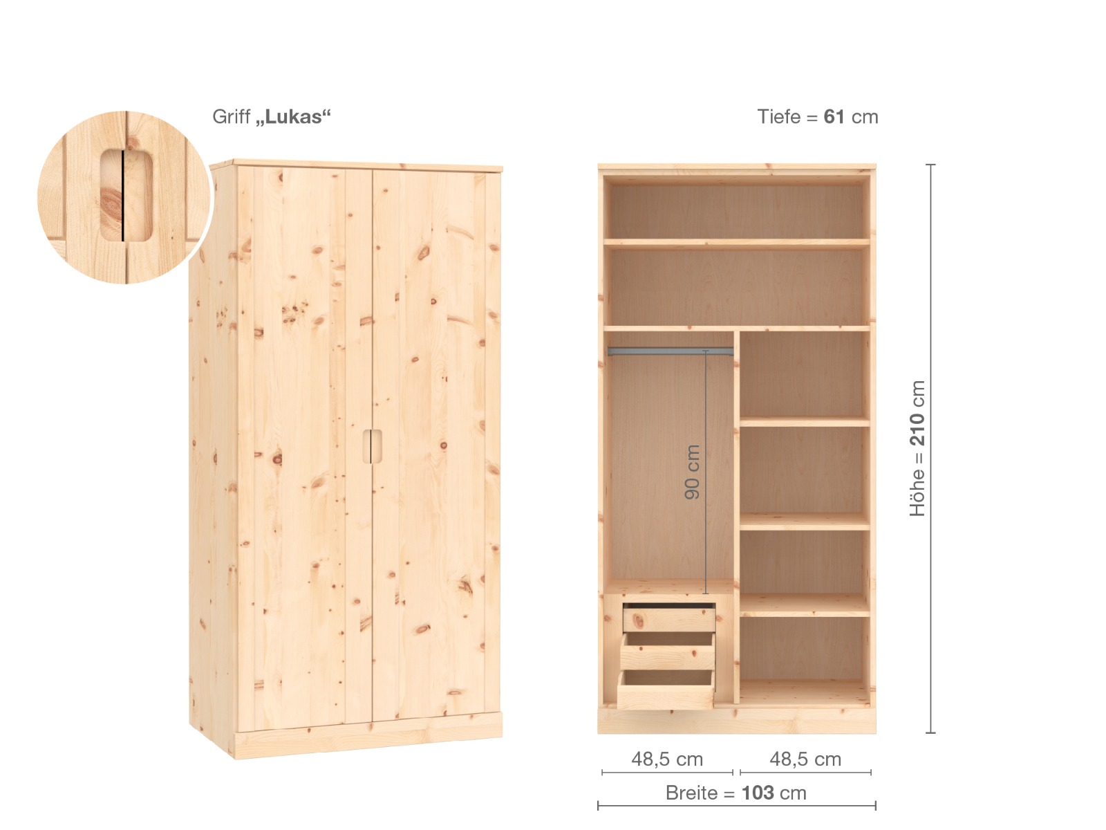 Zirbenschrank „Arnika“, 2-türig, Höhe 210 cm, Griffausführung „Lukas“, Inneneinrichtung C