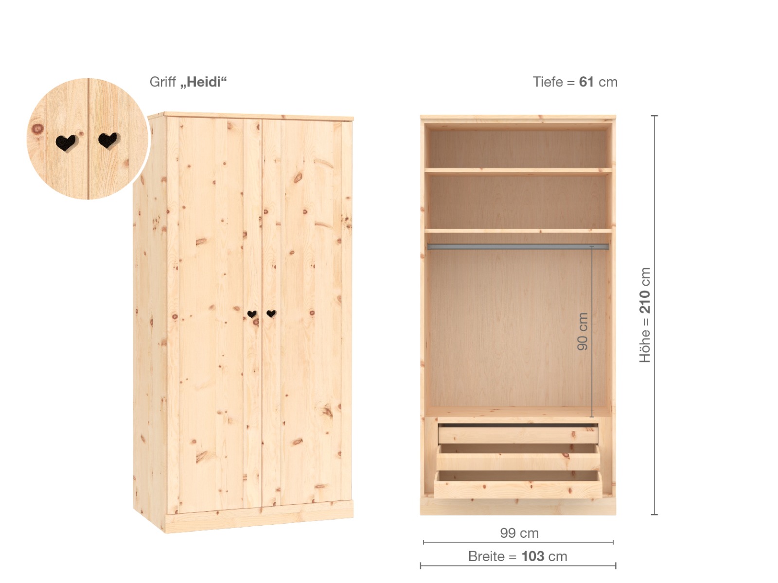 Zirbenschrank „Arnika“, 2-türig, Höhe 210 cm, Griffausführung „Heidi“, Inneneinrichtung D