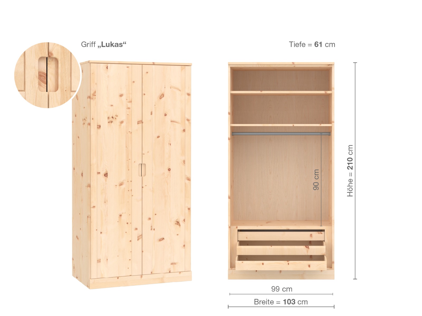 Zirbenschrank „Arnika“, 2-türig, Höhe 210 cm, Griffausführung „Lukas“, Inneneinrichtung D