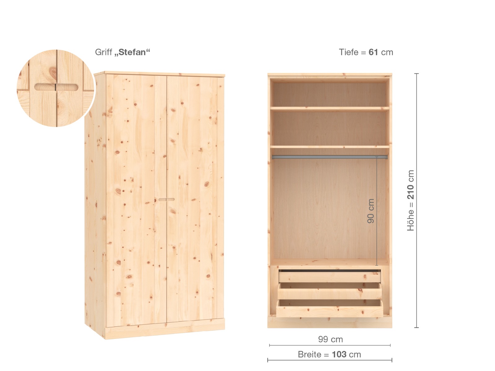 Zirbenschrank „Arnika“, 2-türig, Höhe 210 cm, Griffausführung „Stefan“, Inneneinrichtung D