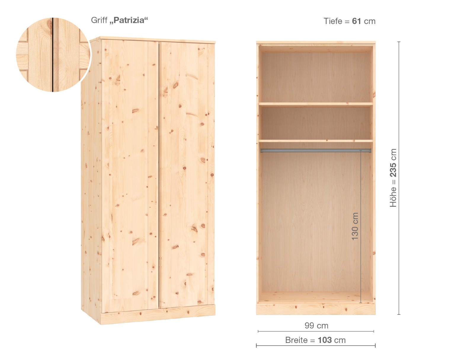 Zirbenschrank „Arnika“, 2-türig, Höhe 235 cm, Griffausführung „Patrizia“, Inneneinrichtung A