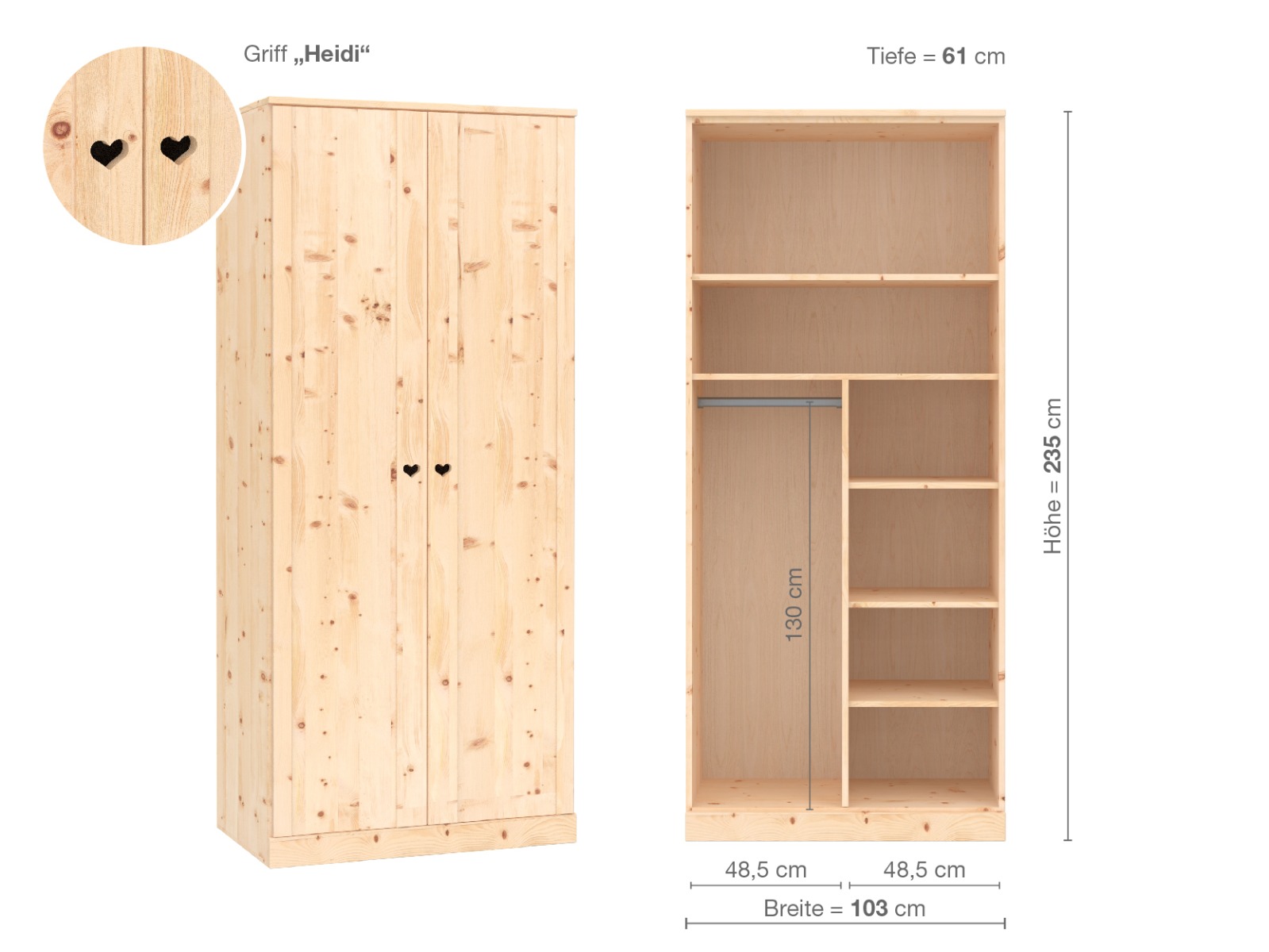 Zirbenschrank „Arnika“, 2-türig, Höhe 235 cm, Griffausführung „Heidi“, Inneneinrichtung B