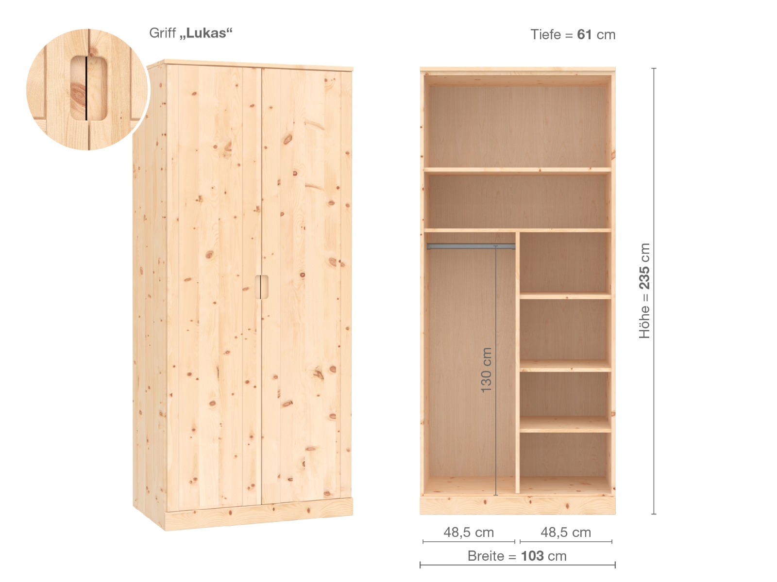 Zirbenschrank „Arnika“, 2-türig, Höhe 235 cm, Griffausführung „Lukas“, Inneneinrichtung B