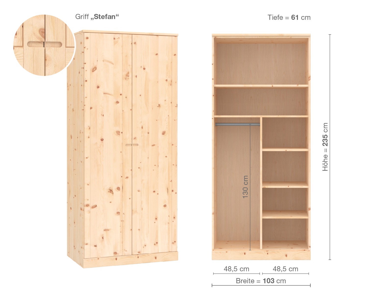 Zirbenschrank „Arnika“, 2-türig, Höhe 235 cm, Griffausführung „Stefan“, Inneneinrichtung B