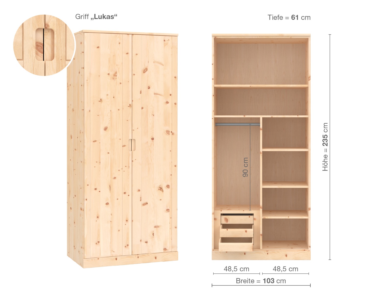 Zirbenschrank „Arnika“, 2-türig, Höhe 235 cm, Griffausführung „Lukas“, Inneneinrichtung C