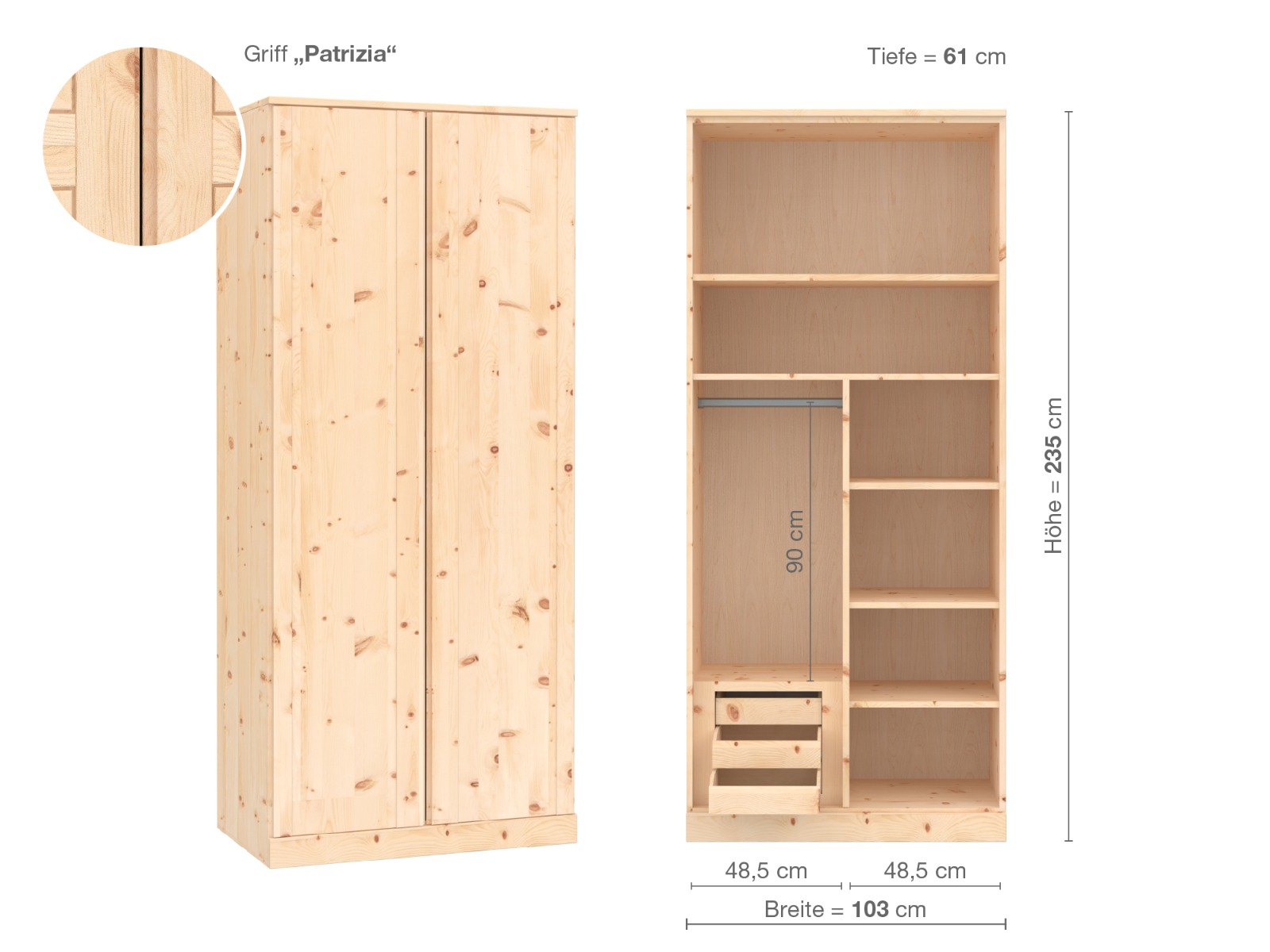 Zirbenschrank „Arnika“, 2-türig, Höhe 235 cm, Griffausführung „Patrizia“, Inneneinrichtung C