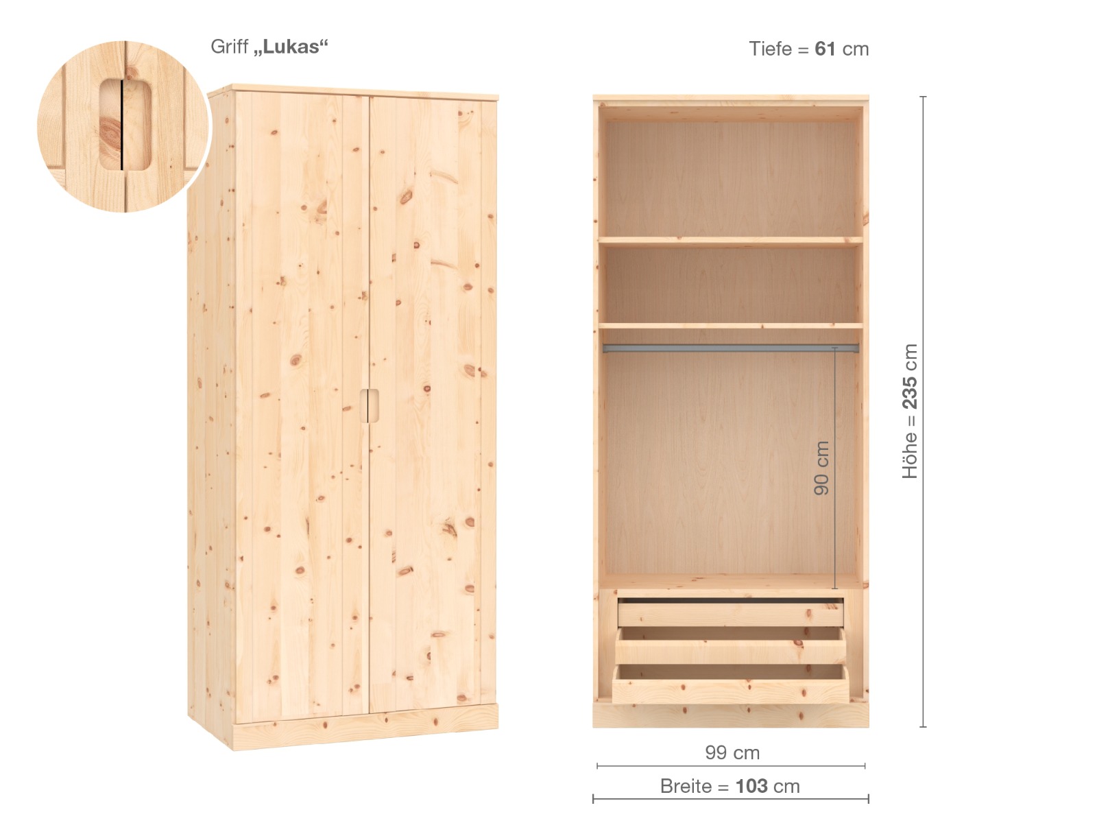 Zirbenschrank „Arnika“, 2-türig, Höhe 235 cm, Griffausführung „Lukas“, Inneneinrichtung D