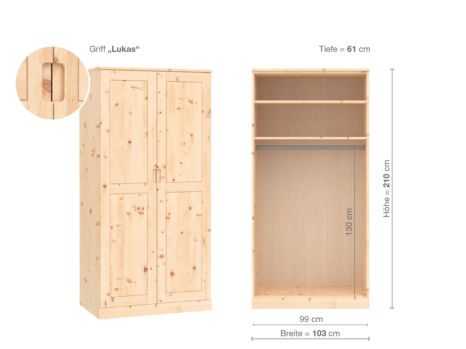 Zirbenschrank „Edelweiß“, 2-türig, Höhe 210 cm, Griffausführung „Lukas“, Inneneinrichtung A