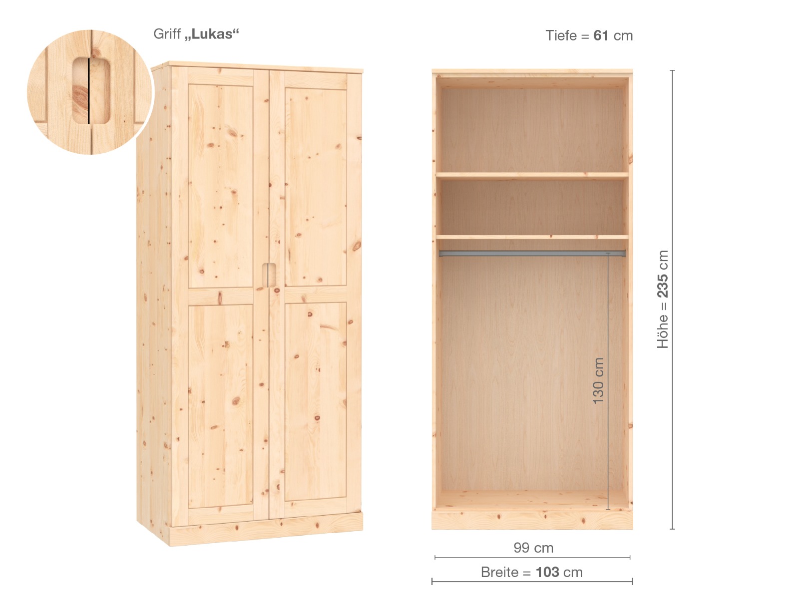 Zirbenschrank „Edelweiß“, 2-türig, Höhe 235 cm, Griffausführung „Lukas“, Inneneinrichtung A