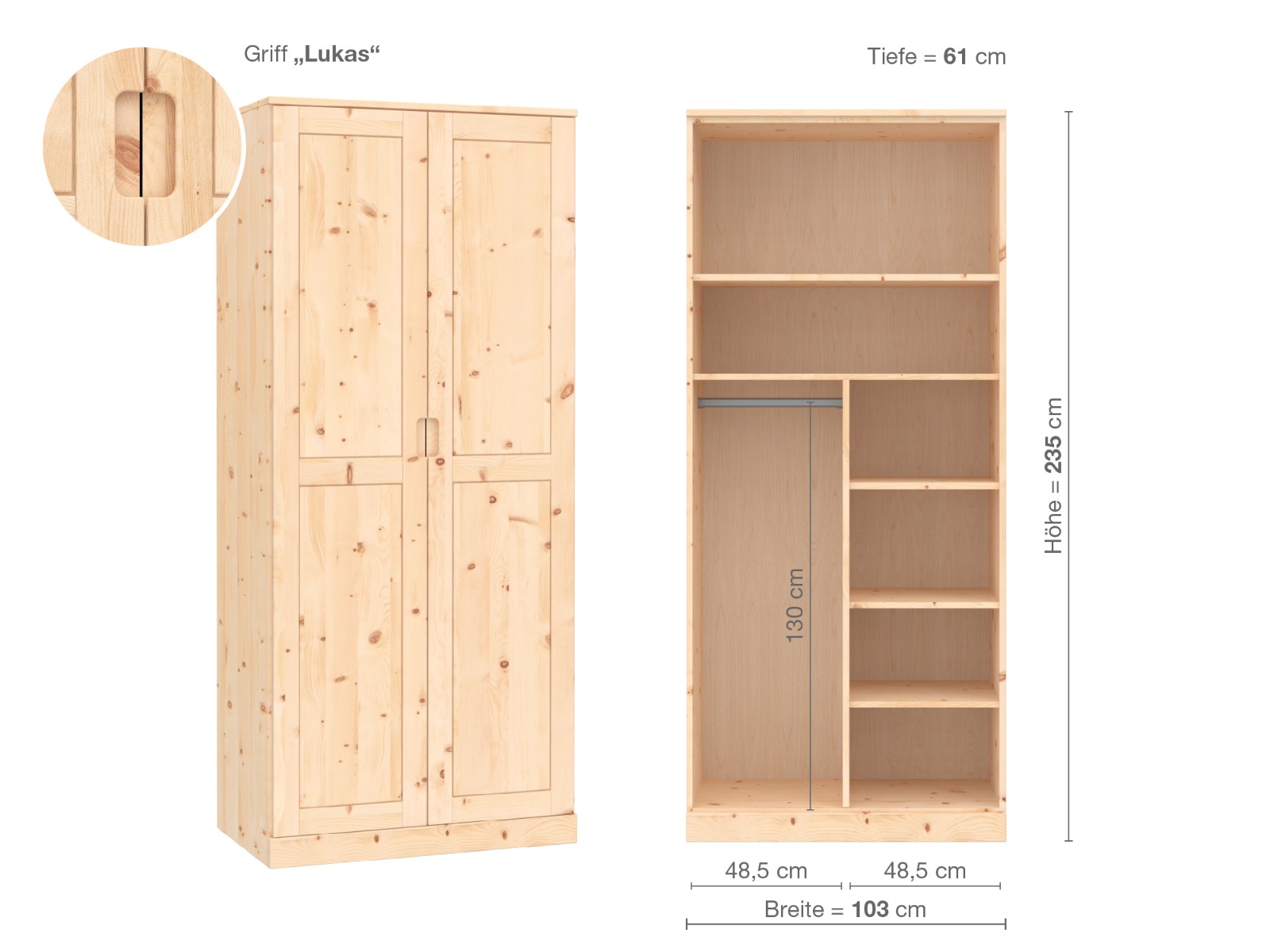 Zirbenschrank „Edelweiß“, 2-türig, Höhe 235 cm, Griffausführung „Lukas“, Inneneinrichtung B