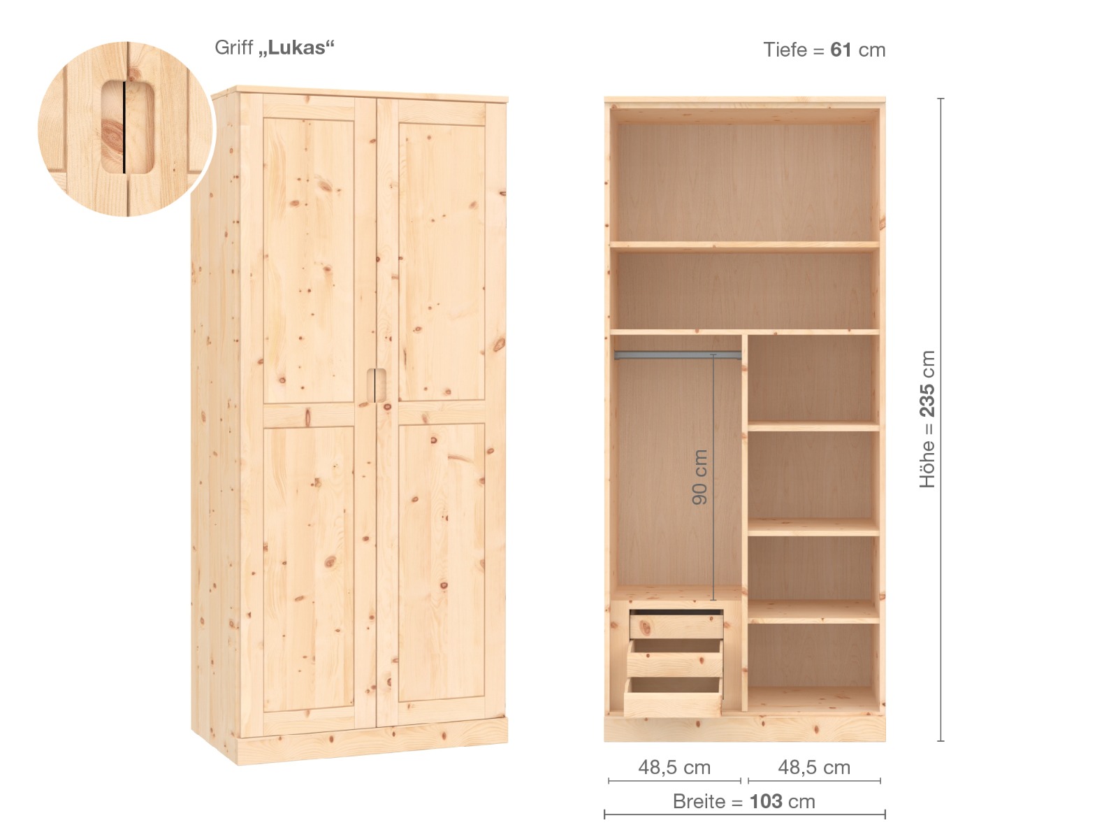 Zirbenschrank „Edelweiß“, 2-türig, Höhe 235 cm, Griffausführung „Lukas“, Inneneinrichtung C