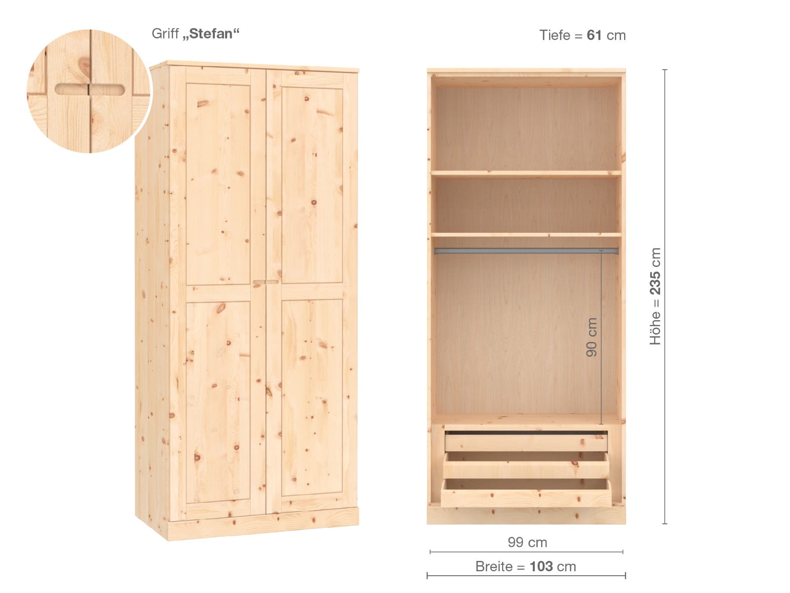 Zirbenschrank „Edelweiß“, 2-türig, Höhe 235 cm, Griffausführung „Stefan“, Inneneinrichtung D