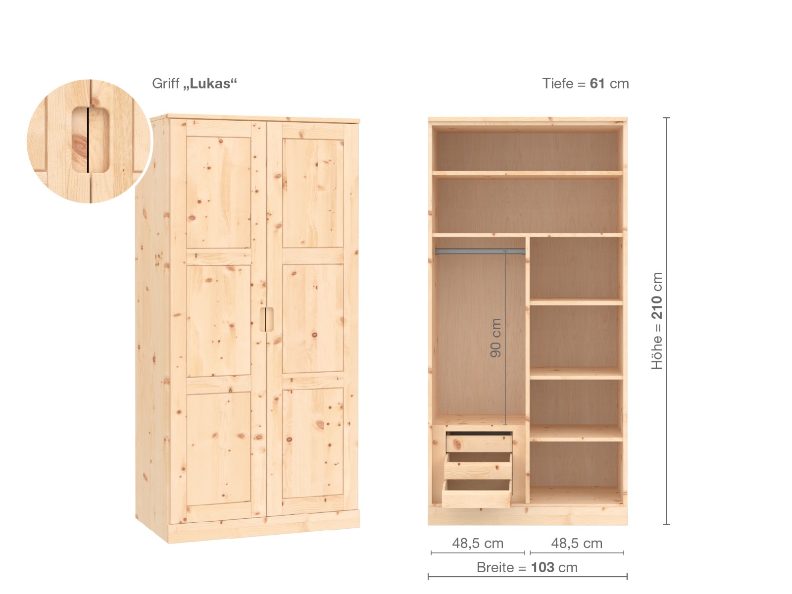 Zirbenschrank „Enzian“, 2-türig, Höhe 210 cm, Griffausführung „Lukas“, Inneneinrichtung C