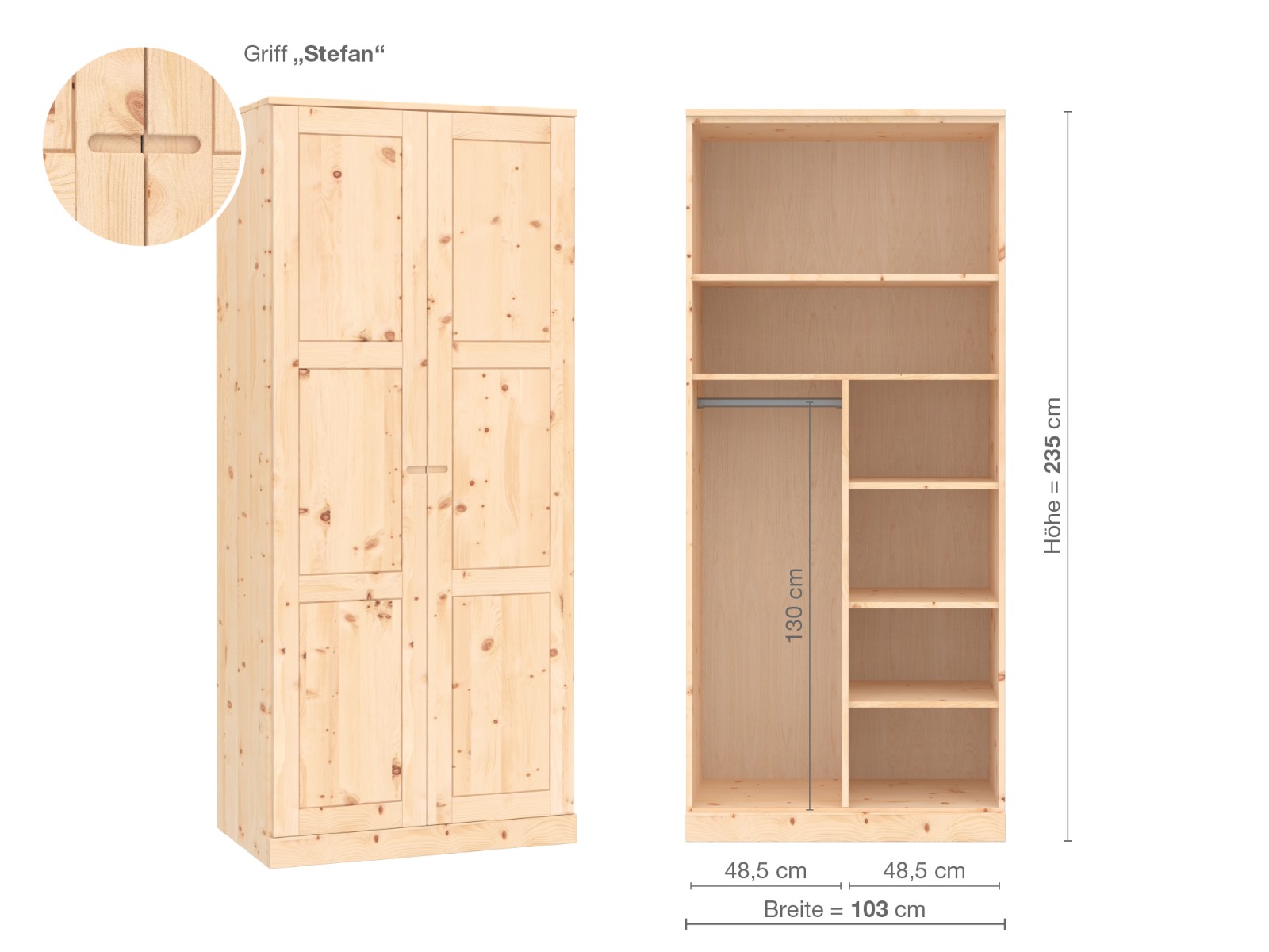 Zirbenschrank „Enzian“, 2-türig, Höhe 235 cm, Griffausführung „Stefan“, Inneneinrichtung B