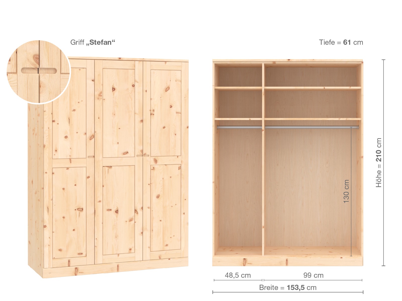 Zirbenschrank „Edelweiß“, 3-türig, Höhe 210 cm, Griffausführung „Stefan“, Inneneinrichtung A