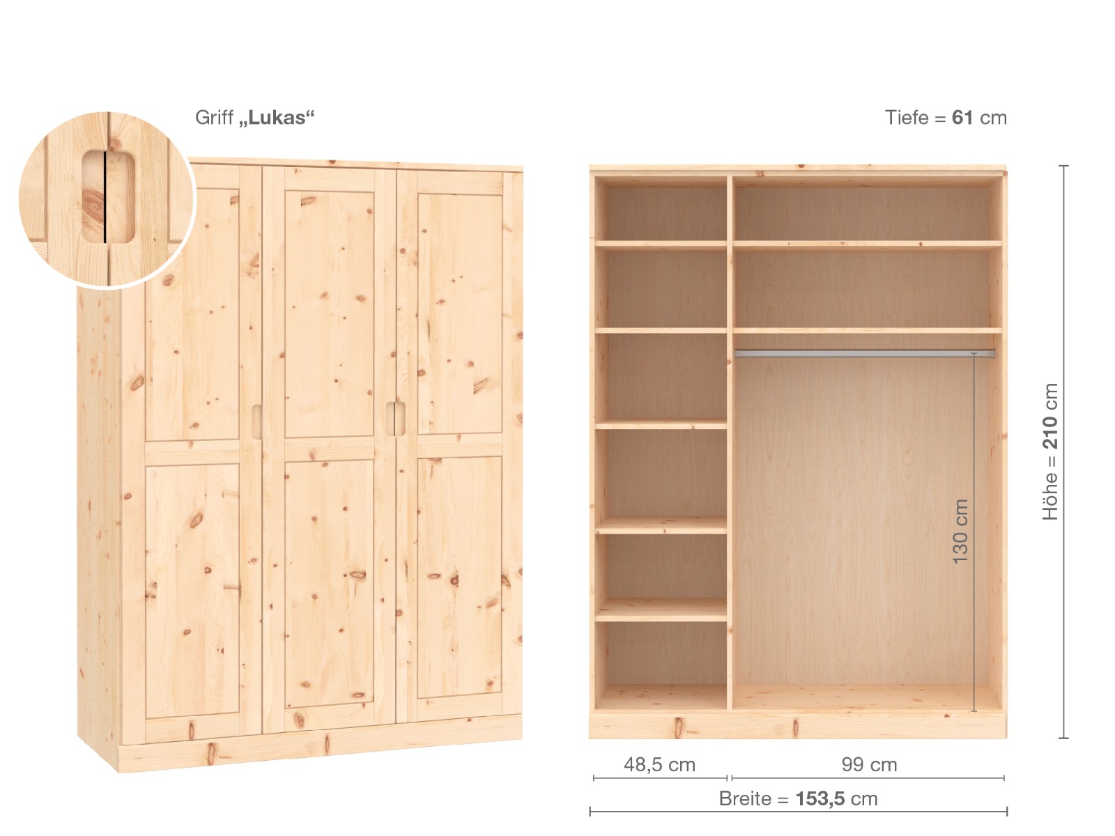 Zirbenschrank „Edelweiß“, 3-türig, Höhe 210 cm, Griffausführung „Lukas“, Inneneinrichtung B