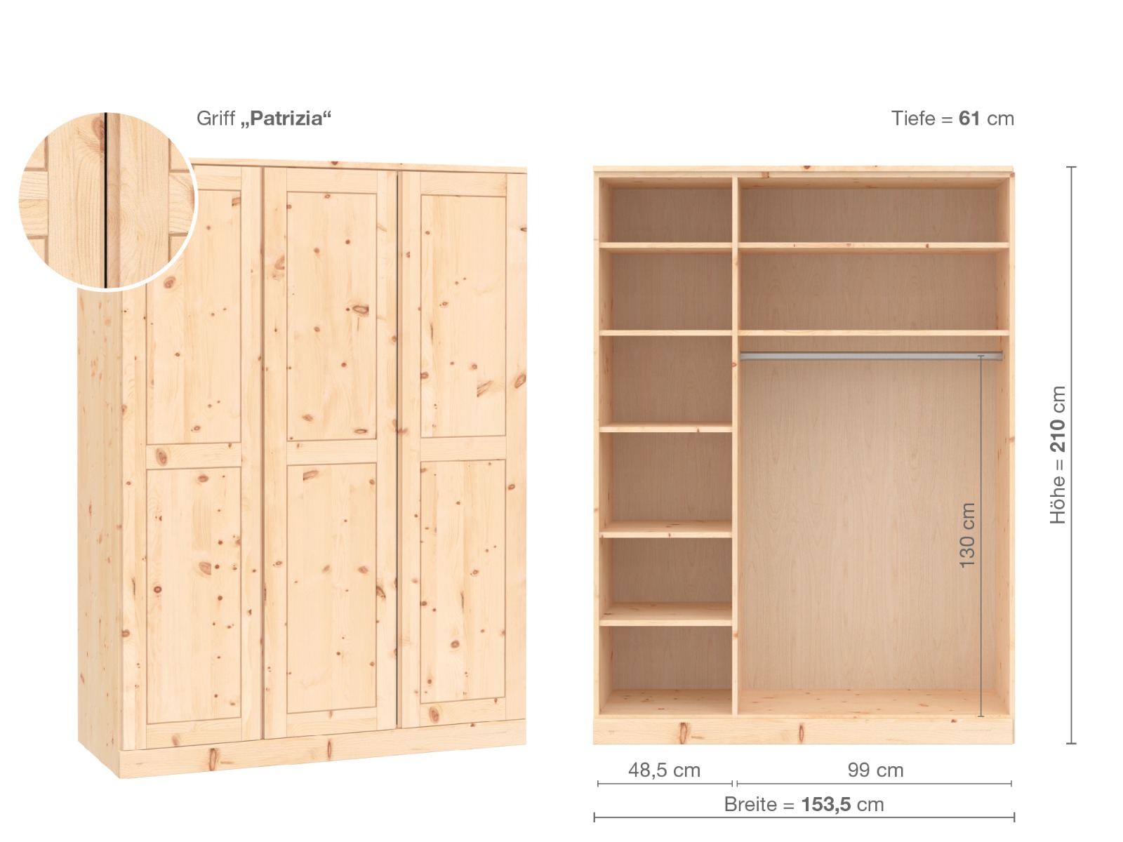 Zirbenschrank „Edelweiß“, 3-türig, Höhe 210 cm, Griffausführung „Patrizia“, Inneneinrichtung B