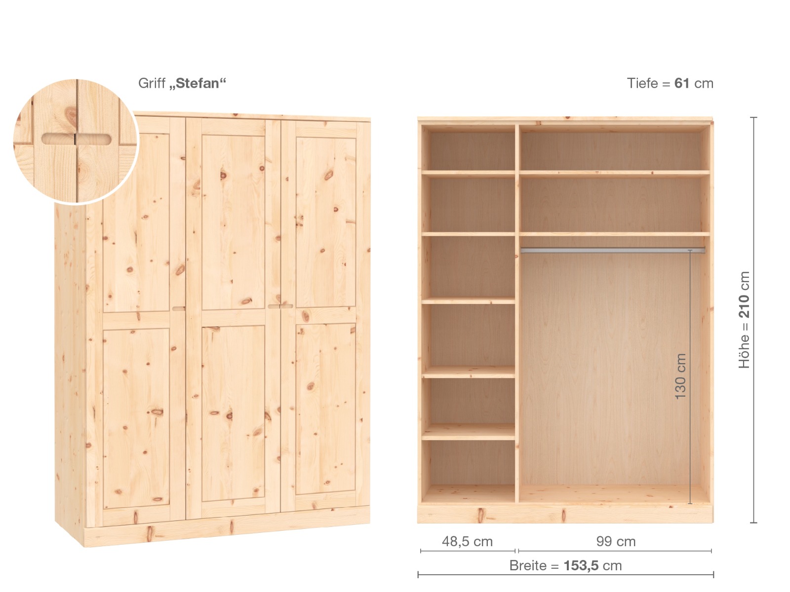 Zirbenschrank „Edelweiß“, 3-türig, Höhe 210 cm, Griffausführung „Stefan“, Inneneinrichtung B