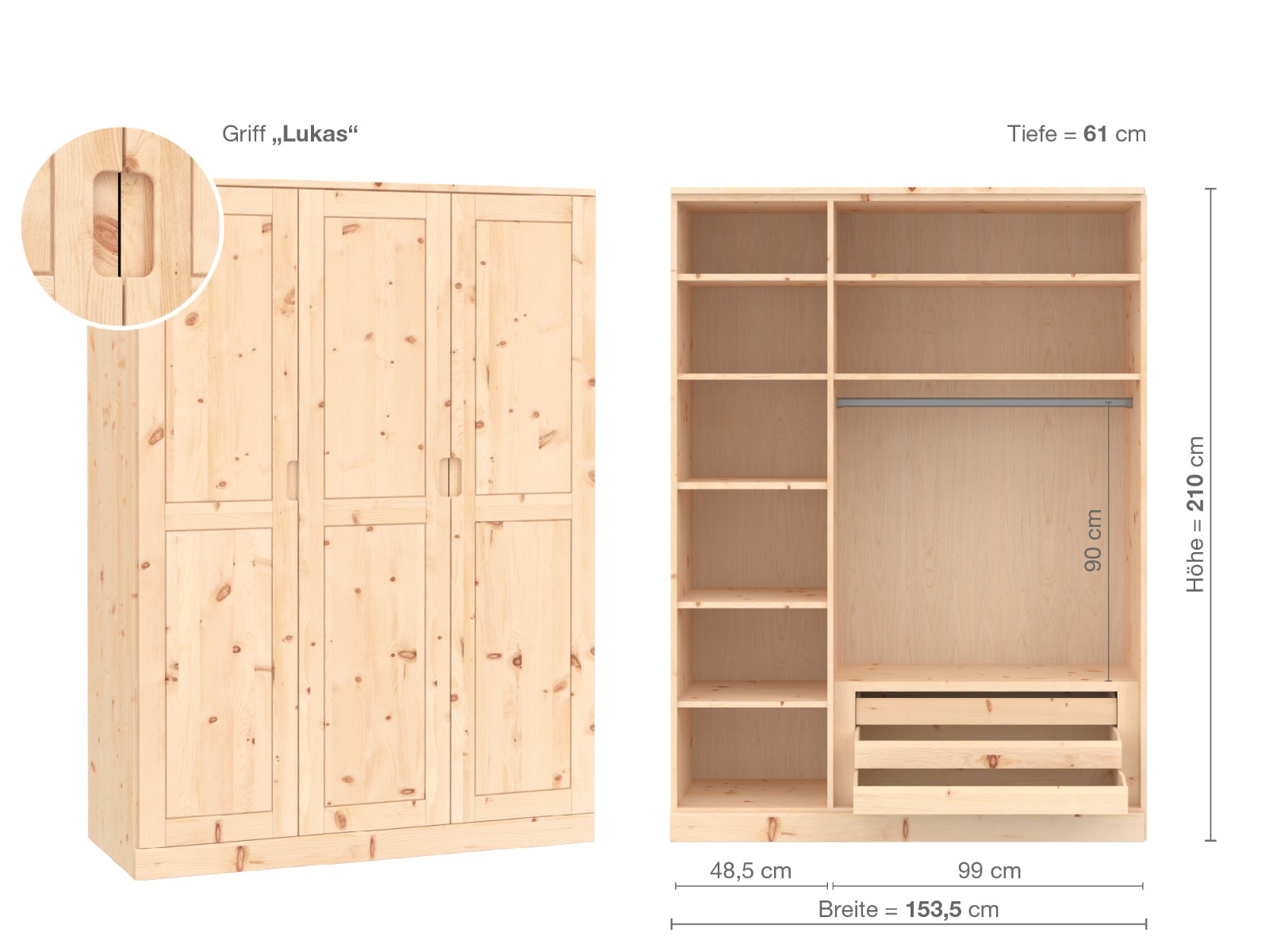 Zirbenschrank „Edelweiß“, 3-türig, Höhe 210 cm, Griffausführung „Lukas“, Inneneinrichtung C