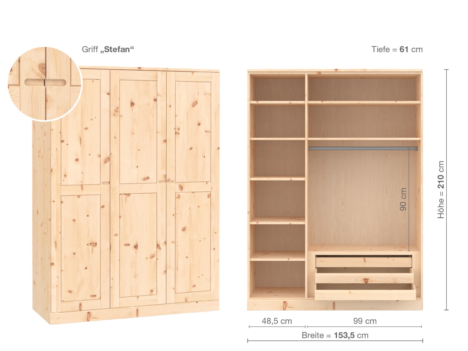 Zirbenschrank „Edelweiß“, 3-türig, Höhe 210 cm, Griffausführung „Stefan“, Inneneinrichtung C