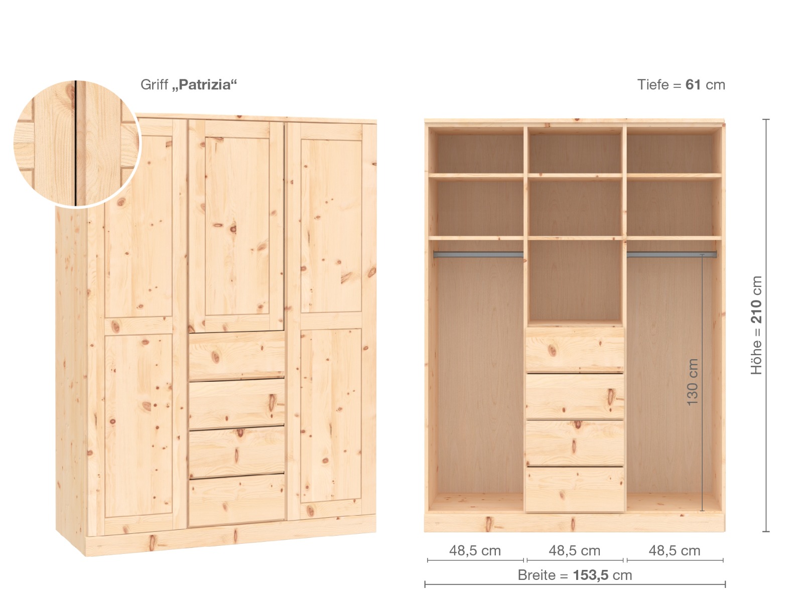 Zirbenschrank „Edelweiß“, 3-türig, Höhe 210 cm, Griffausführung „Patrizia“, Inneneinrichtung E