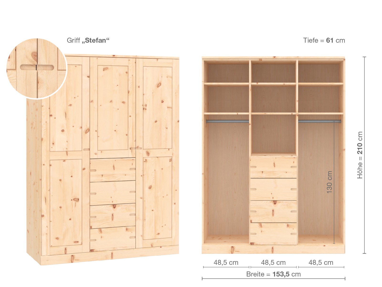 Zirbenschrank „Edelweiß“, 3-türig, Höhe 210 cm, Griffausführung „Stefan“, Inneneinrichtung E