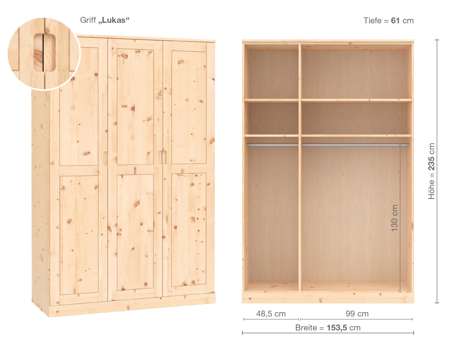 Zirbenschrank „Edelweiß“, 3-türig, Höhe 235 cm, Griffausführung „Lukas“, Inneneinrichtung A