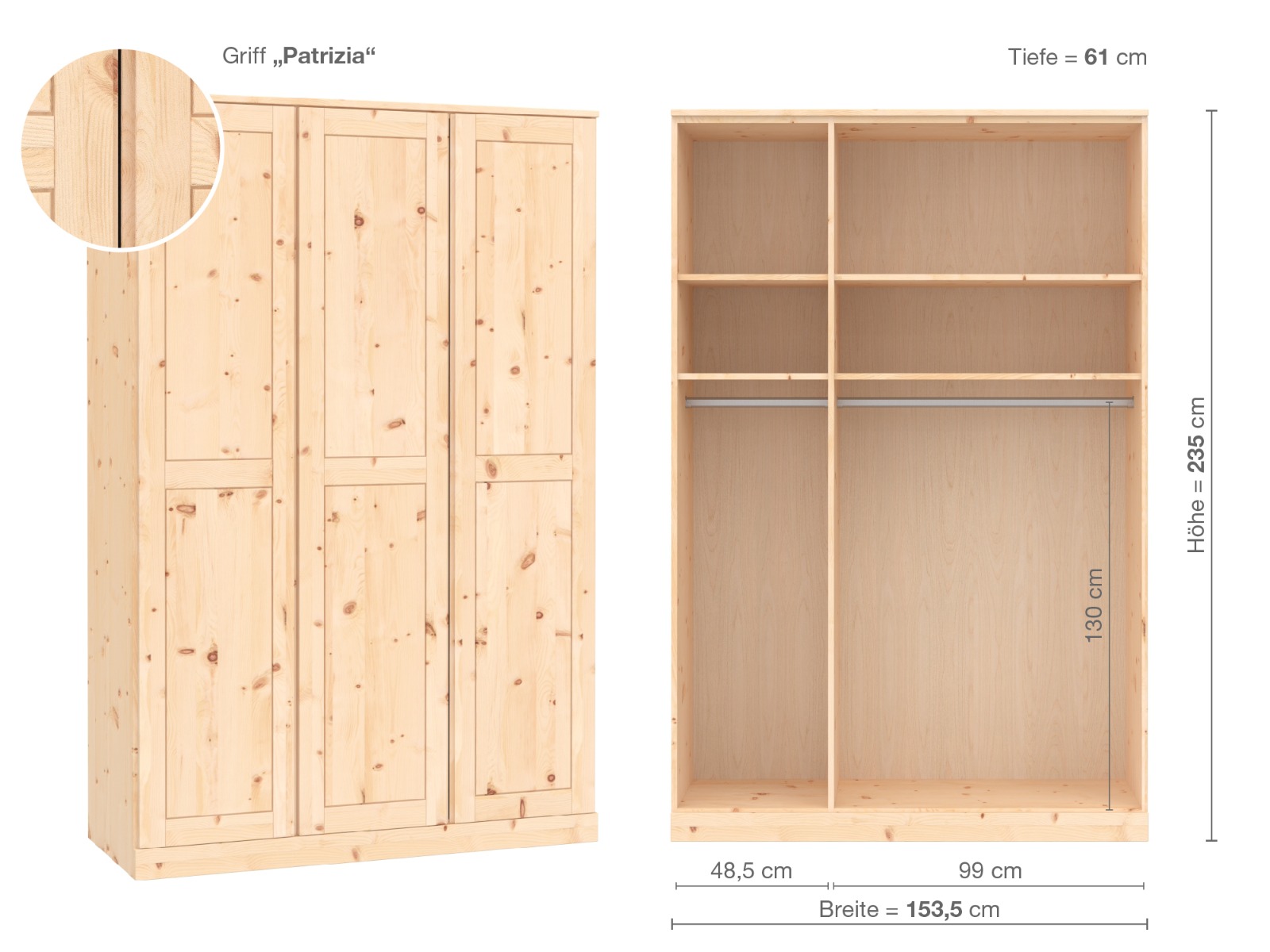 Zirbenschrank „Edelweiß“, 3-türig, Höhe 235 cm, Griffausführung „Patrizia“, Inneneinrichtung A