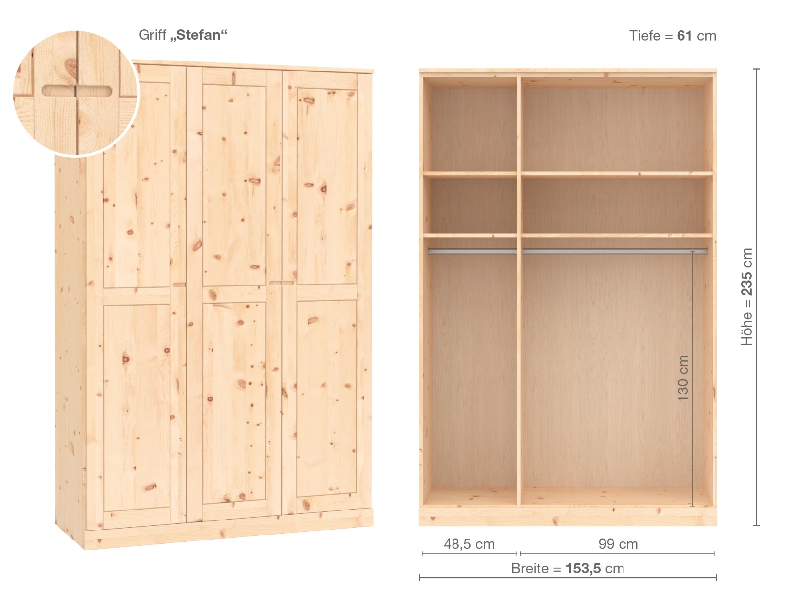 Zirbenschrank „Edelweiß“, 3-türig, Höhe 235 cm, Griffausführung „Stefan“, Inneneinrichtung A