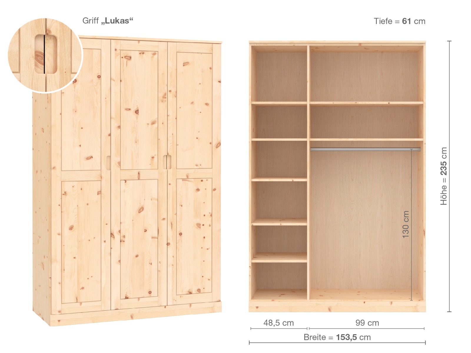 Zirbenschrank „Edelweiß“, 3-türig, Höhe 235 cm, Griffausführung „Lukas“, Inneneinrichtung B