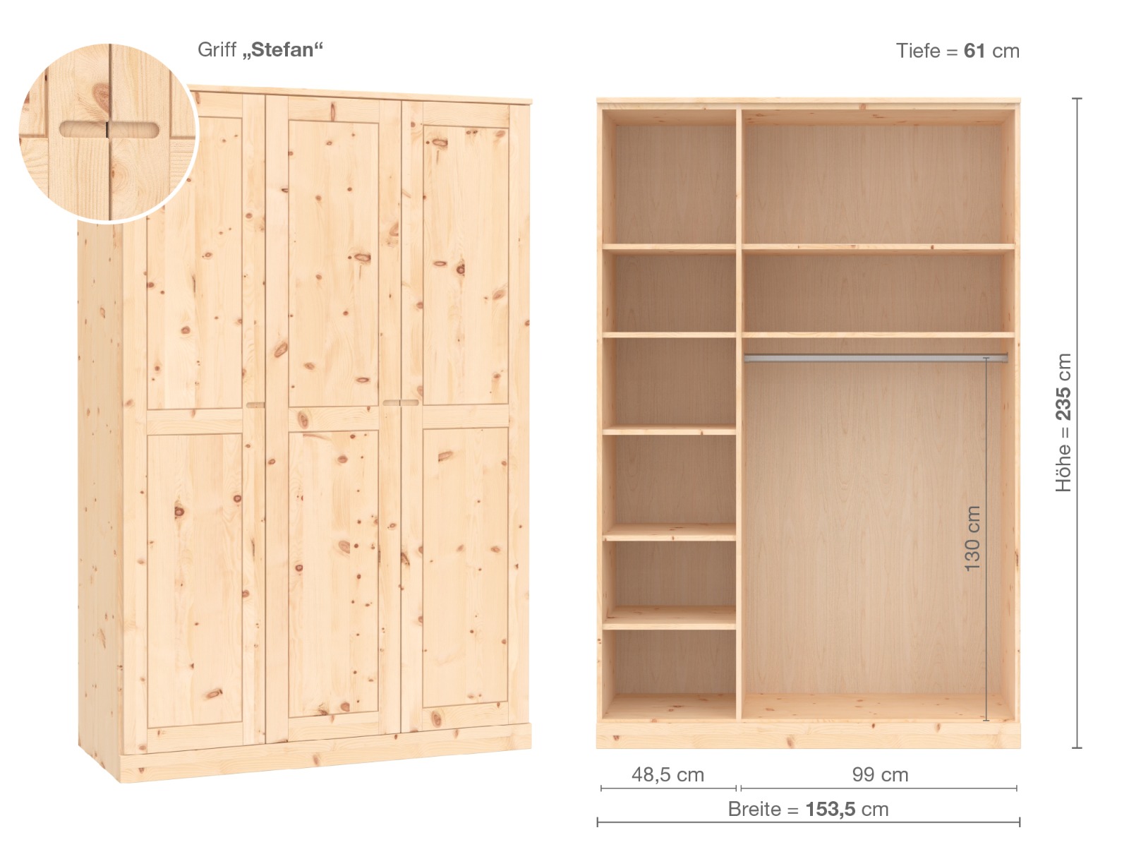 Zirbenschrank „Edelweiß“, 3-türig, Höhe 235 cm, Griffausführung „Stefan“, Inneneinrichtung B