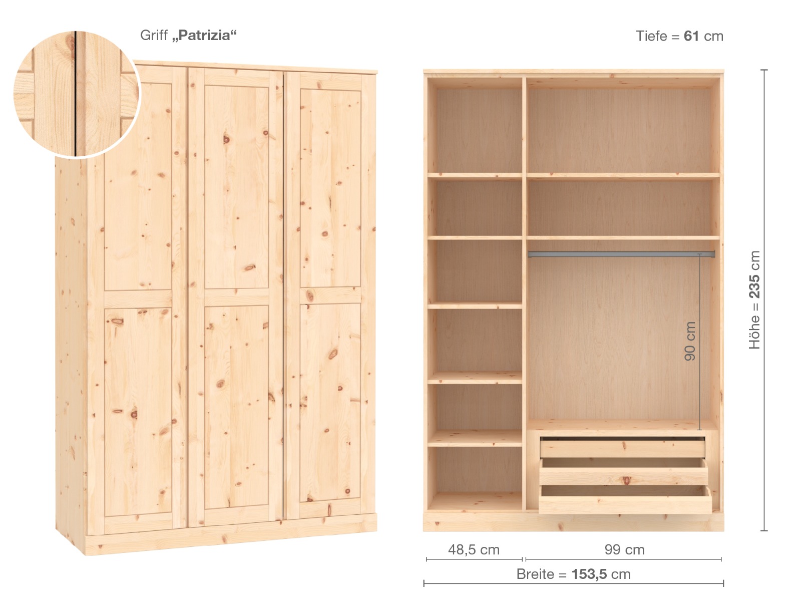 Zirbenschrank „Edelweiß“, 3-türig, Höhe 235 cm, Griffausführung „Patrizia“, Inneneinrichtung C