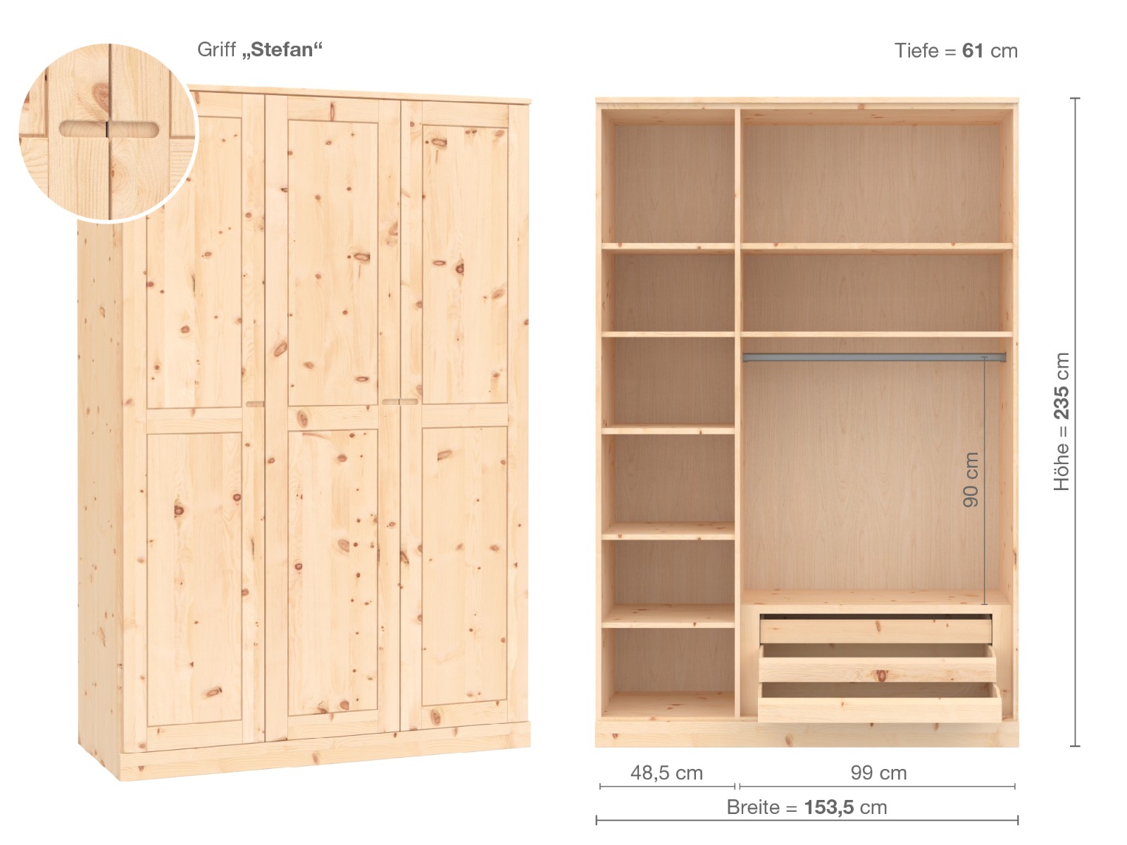 Zirbenschrank „Edelweiß“, 3-türig, Höhe 235 cm, Griffausführung „Stefan“, Inneneinrichtung C