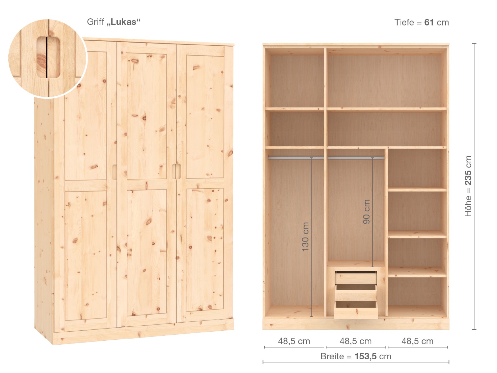 Zirbenschrank „Edelweiß“, 3-türig, Höhe 235 cm, Griffausführung „Lukas“, Inneneinrichtung D