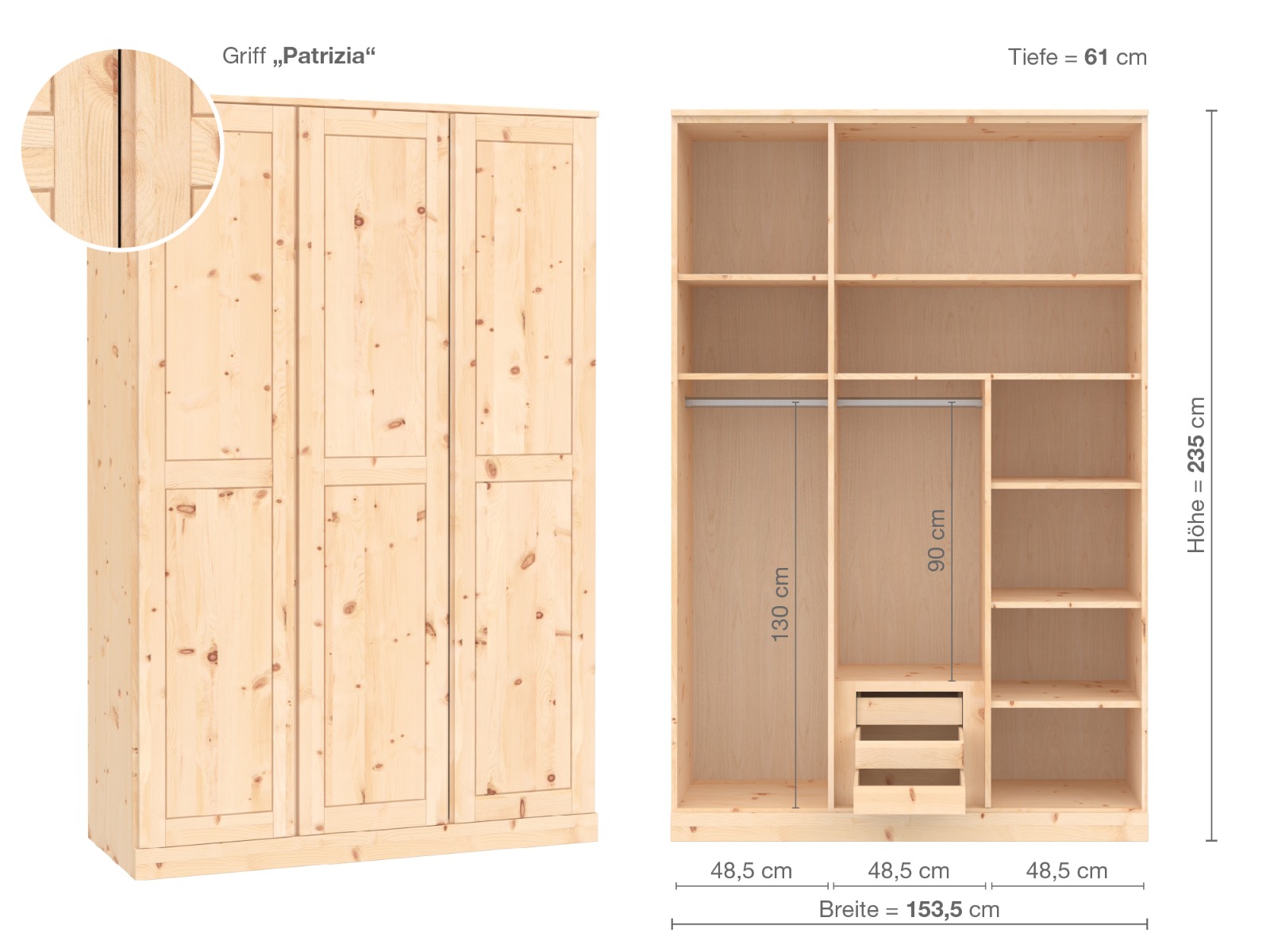 Zirbenschrank „Edelweiß“, 3-türig, Höhe 235 cm, Griffausführung „Patrizia“, Inneneinrichtung D