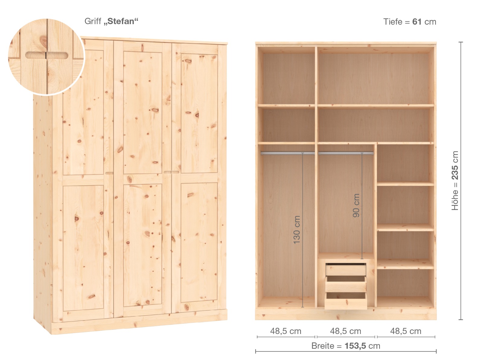 Zirbenschrank „Edelweiß“, 3-türig, Höhe 235 cm, Griffausführung „Stefan“, Inneneinrichtung D