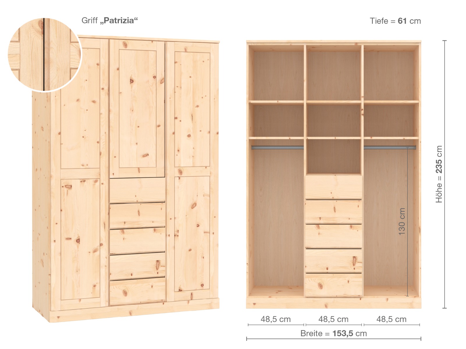 Zirbenschrank „Edelweiß“, 3-türig, Höhe 235 cm, Griffausführung „Patrizia“, Inneneinrichtung E