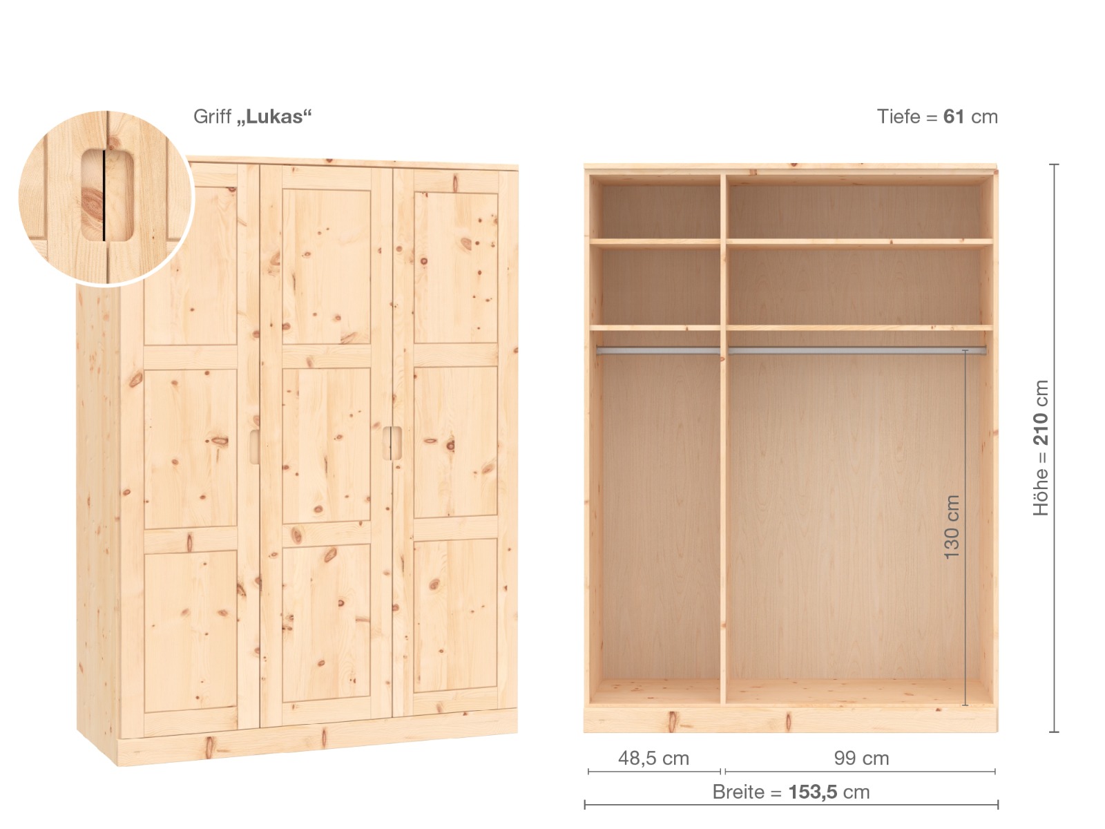 Zirbenschrank „Enzian“, 3-türig, Höhe 210 cm, Griffausführung „Lukas“, Inneneinrichtung A