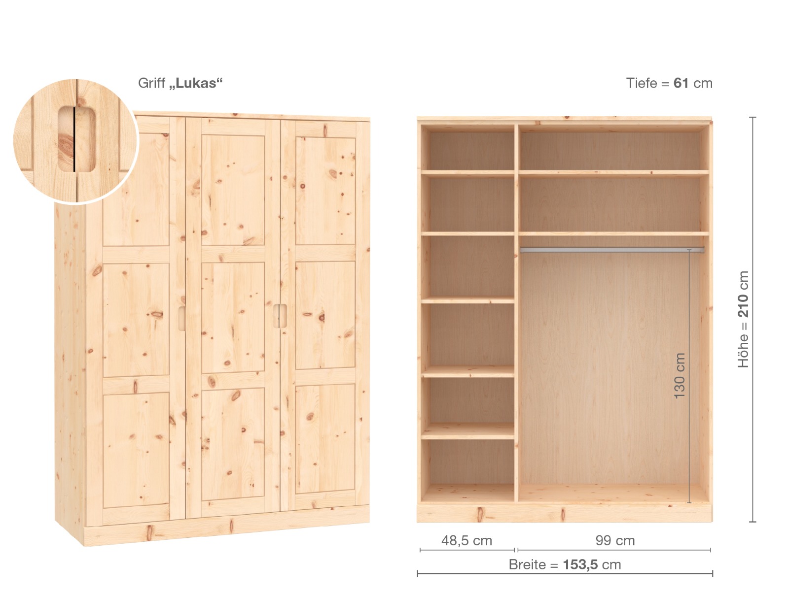 Zirbenschrank „Enzian“, 3-türig, Höhe 210 cm, Griffausführung „Lukas“, Inneneinrichtung B