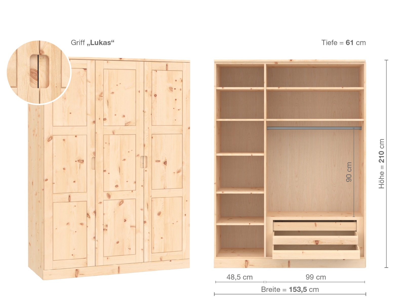 Zirbenschrank „Enzian“, 3-türig, Höhe 210 cm, Griffausführung „Lukas“, Inneneinrichtung C