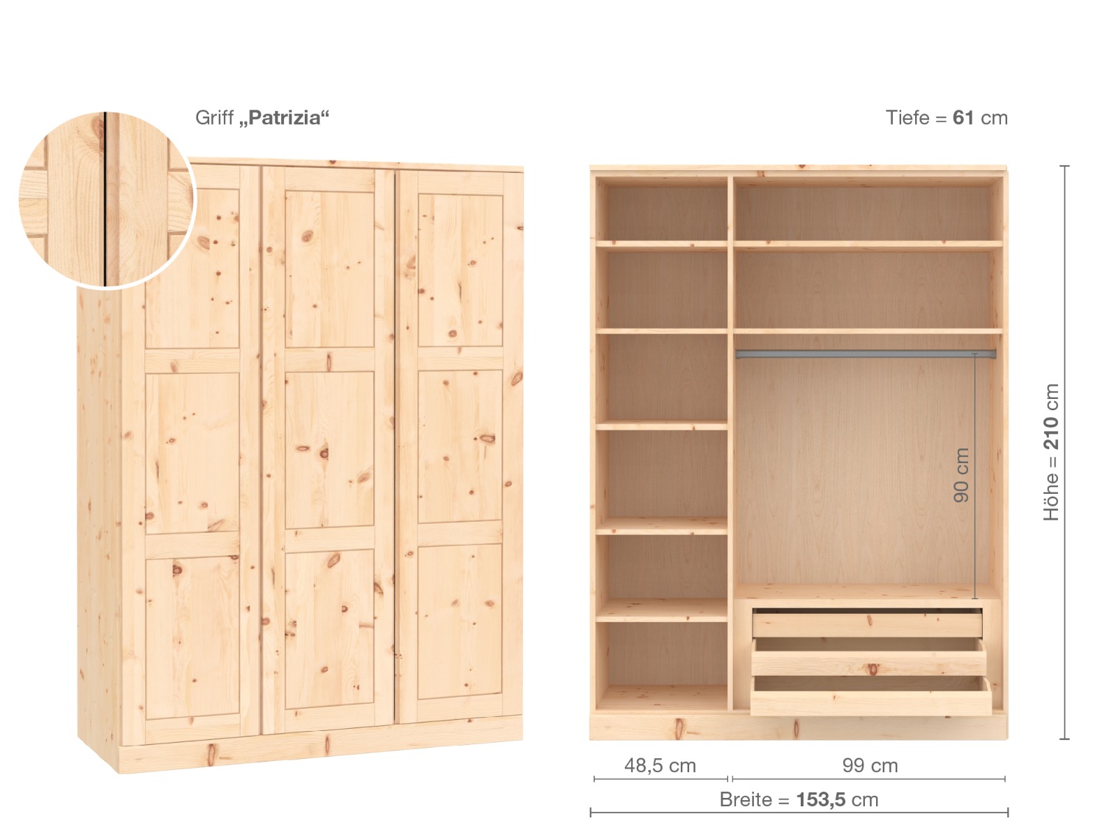 Zirbenschrank „Enzian“, 3-türig, Höhe 210 cm, Griffausführung „Patrizia“, Inneneinrichtung C