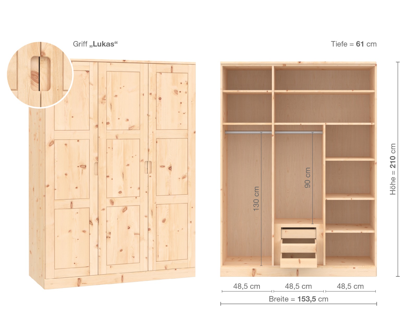 Zirbenschrank „Enzian“, 3-türig, Höhe 210 cm, Griffausführung „Lukas“, Inneneinrichtung D