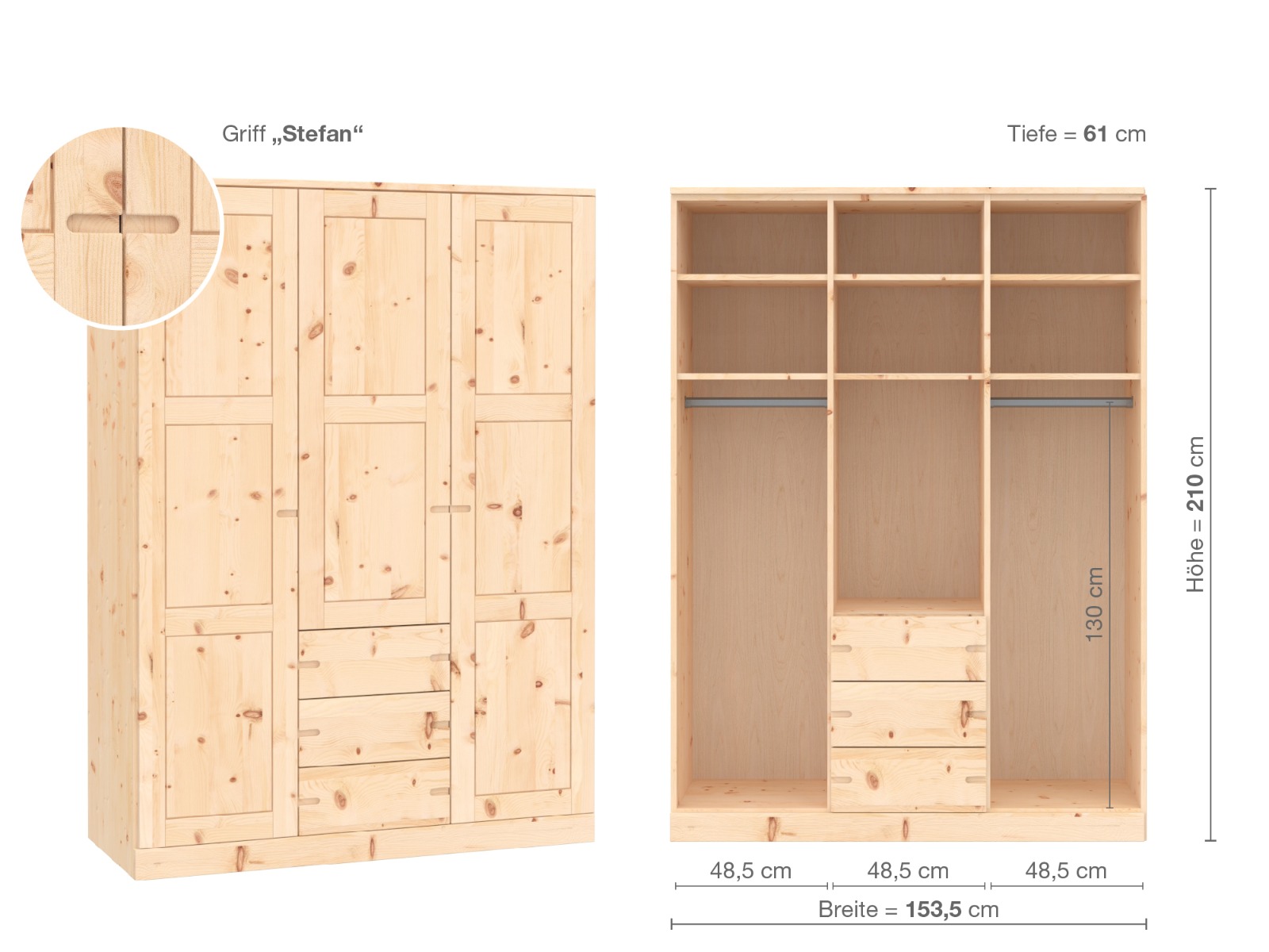 Zirbenschrank „Enzian“, 3-türig, Höhe 210 cm, Griffausführung „Stefan“, Inneneinrichtung E