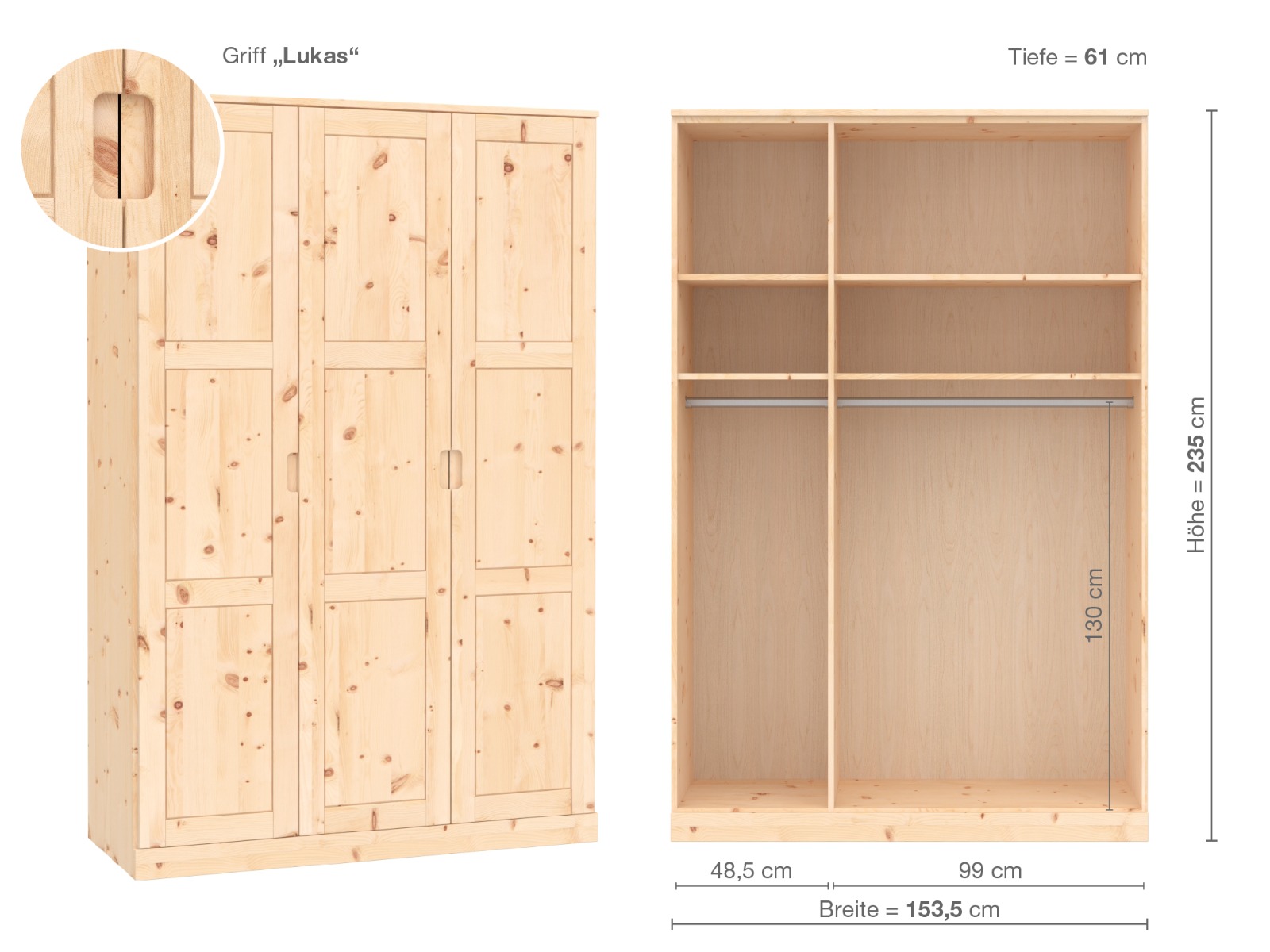 Zirbenschrank „Enzian“, 3-türig, Höhe 235 cm, Griffausführung „Lukas“, Inneneinrichtung A