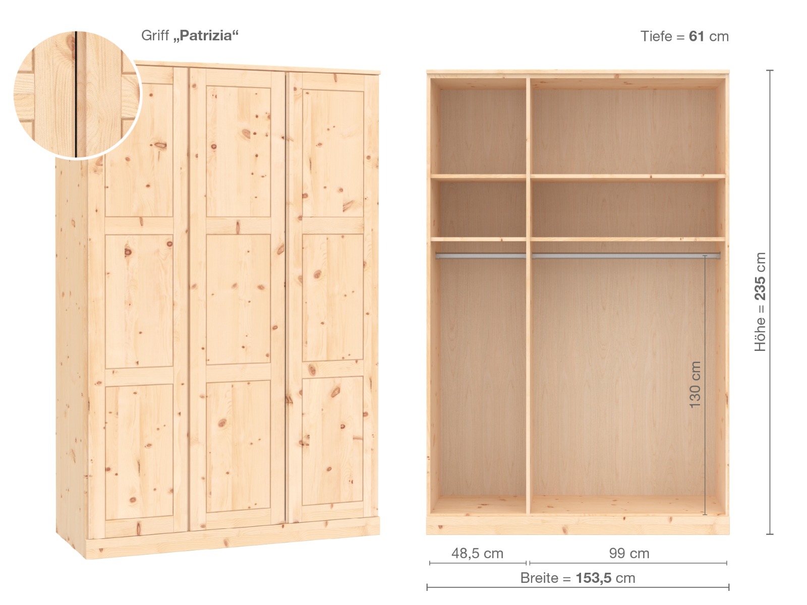 Zirbenschrank „Enzian“, 3-türig, Höhe 235 cm, Griffausführung „Patrizia“, Inneneinrichtung A