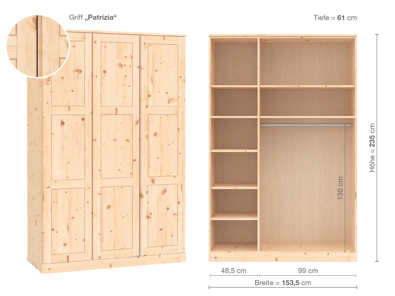 Zirbenschrank „Enzian“, 3-türig, Höhe 235 cm, Griffausführung „Patrizia“, Inneneinrichtung B