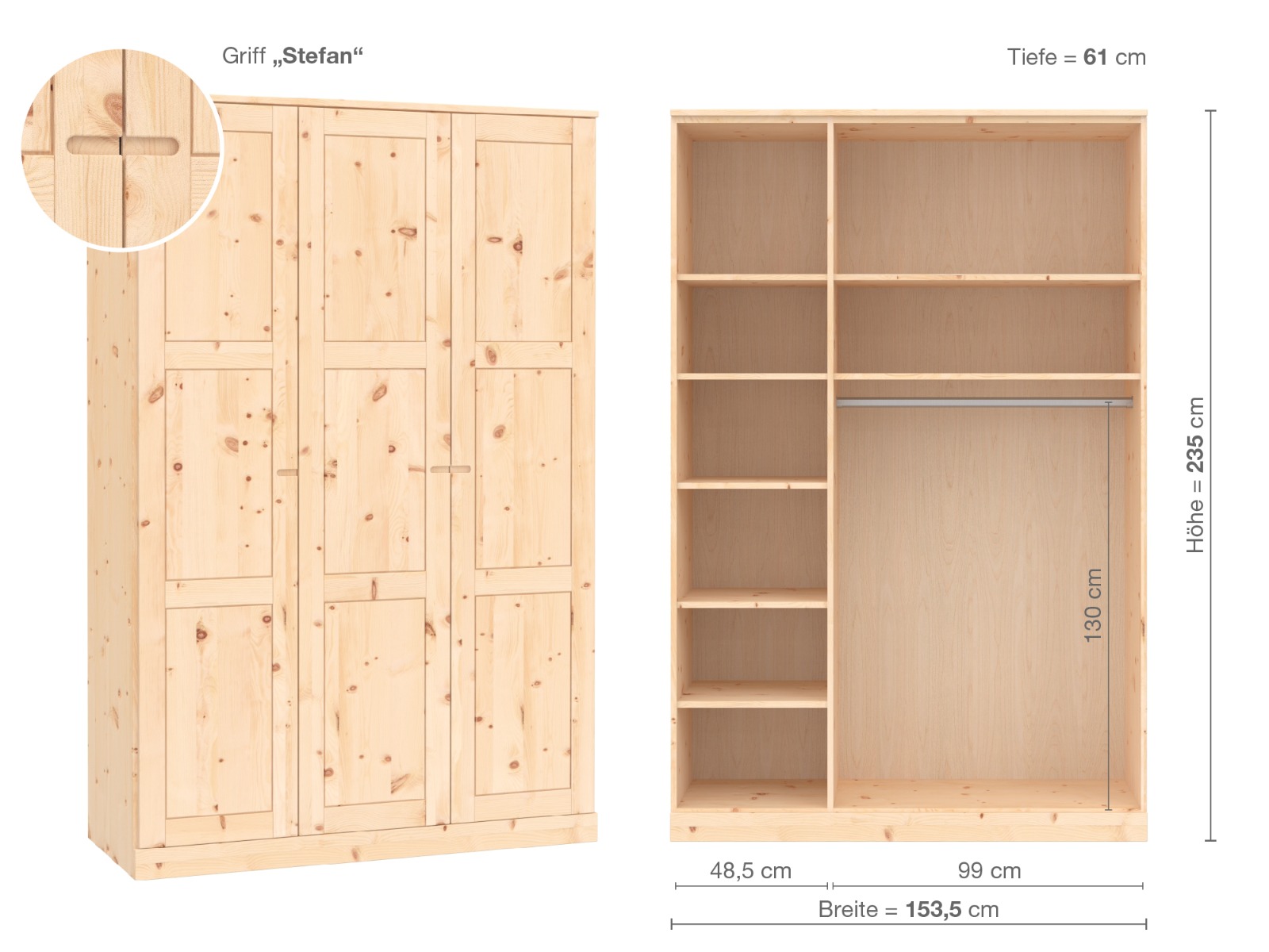 Zirbenschrank „Enzian“, 3-türig, Höhe 235 cm, Griffausführung „Stefan“, Inneneinrichtung B